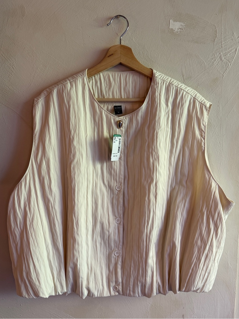 NWT Icône Simons Cream Crinkle Pleated Oversized Vest Bubble Hem Size L